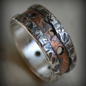 rustic fine silver and copper ring - men&#39;s wedding band - handmade hammered artisan designed wedding or engagement band - customized