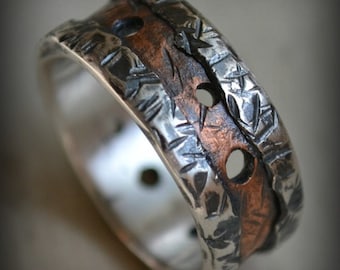 men's wedding band - rustic fine silver and copper ring - handmade artisan designed - custom