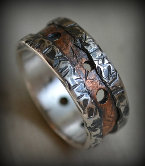 rustic fine silver and copper ring men's wedding band handmade hammered  artisan designed wedding or engagement band customized