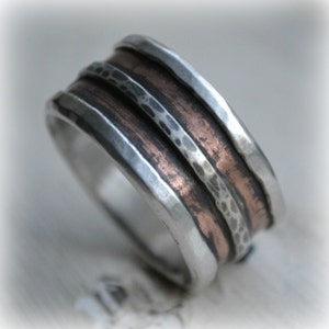 mens wedding band - rustic fine silver copper and sterling silver ring - handmade artisan designed wide band ring - manly ring, customized