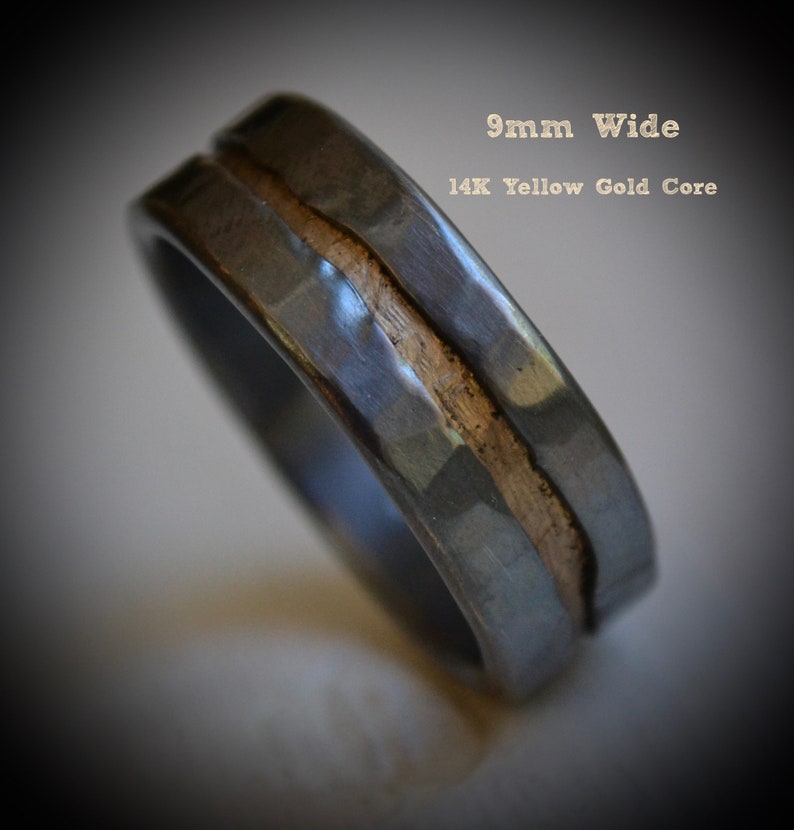 mens wedding band rustic fine silver and 14K yellow gold ring handmade artisan designed wedding or engagement band customized image 2