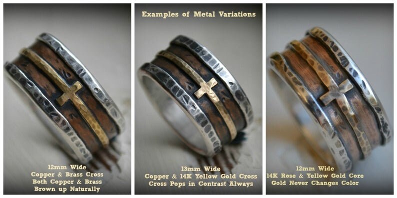 mens wedding band rustic fine silver copper and brass handmade artisan designed wide band ring customized ring custom hand stamping image 9