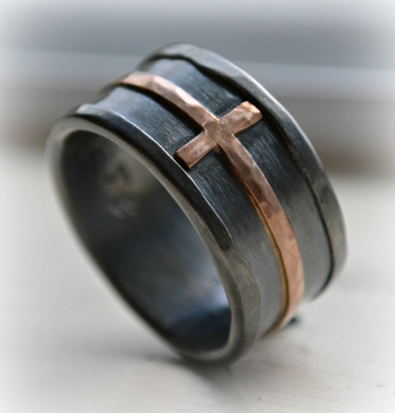 Mens cross wedding band rustic hammered cross ring