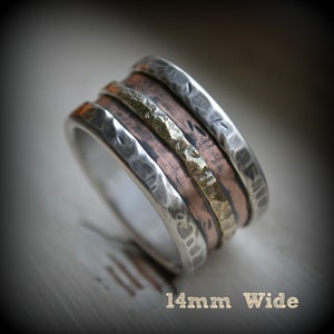 mens wedding band rustic fine silver copper and brass or 14K gold core handmade artisan designed wide band ring manly ring customized image 5