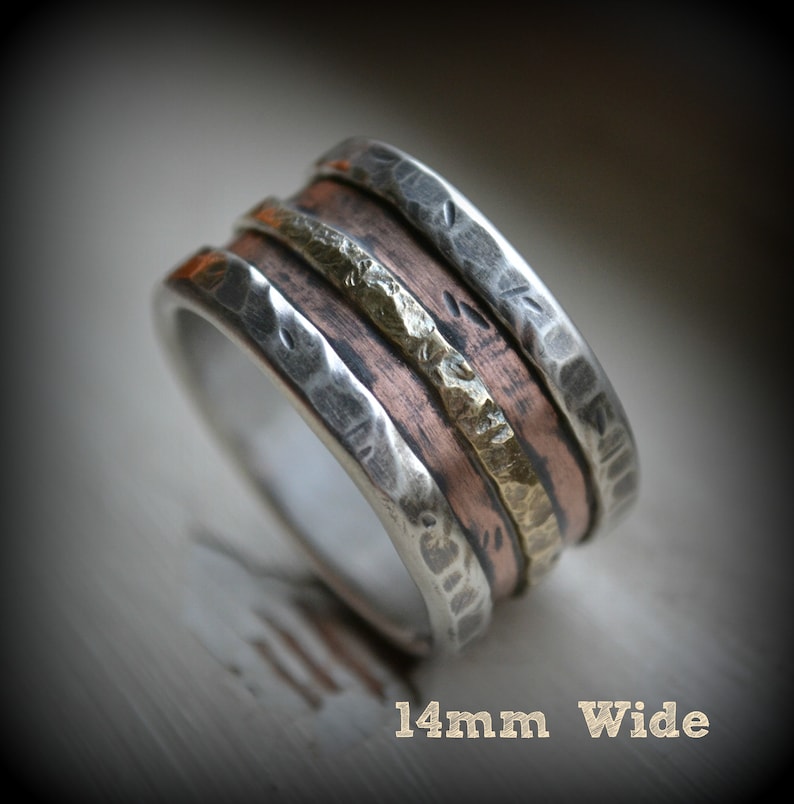 mens wedding band rustic fine silver copper and brass or 14K gold core handmade artisan designed wide band ring manly ring customized image 5