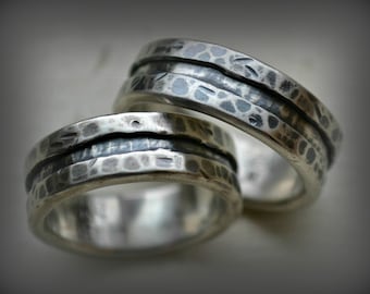 rustic silver wedding rings - handmade artisan designed oxidized unisex fine silver and sterling wedding or engagement band set - customized