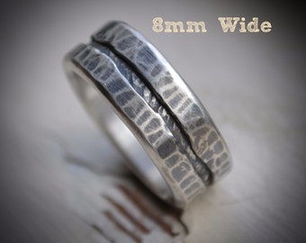Rustic wedding ring - distressed wedding band - handmade artisan designed oxidized unisex fine silver and sterling ring - customized ring