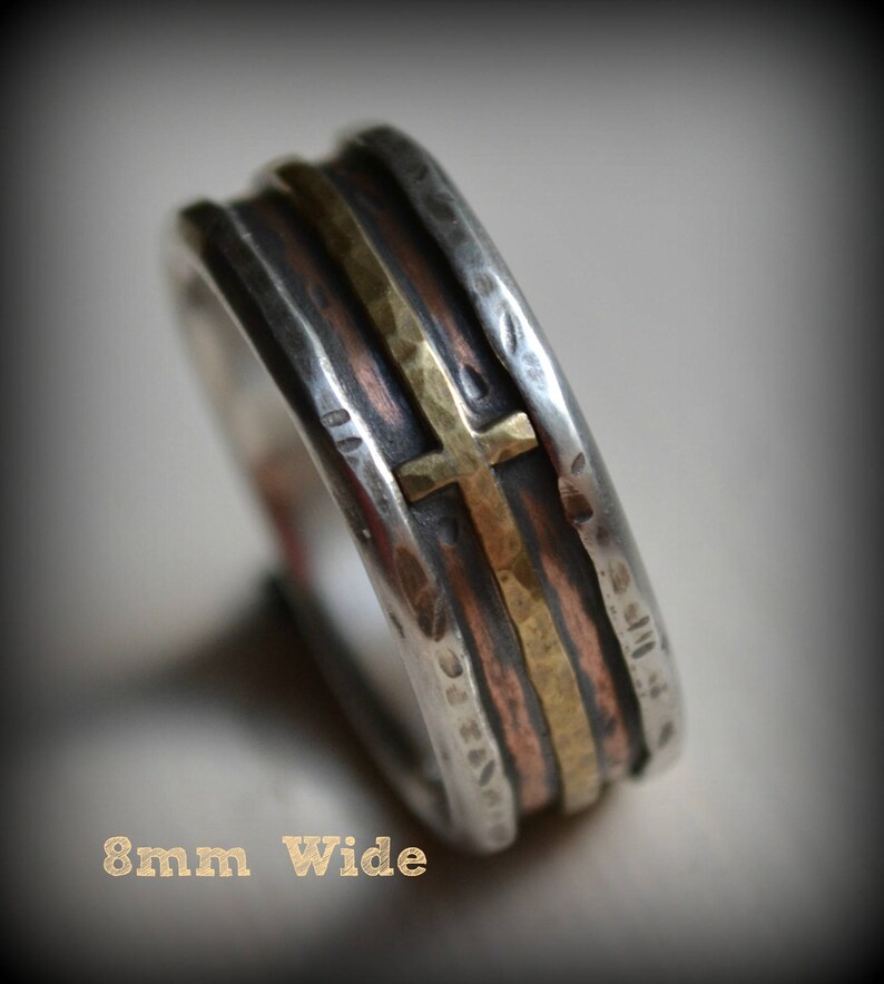 Mens wedding band rustic fine silver copper and brass cross Etsy