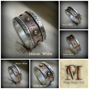 mens wedding band rustic fine silver copper and brass handmade artisan designed wide band ring customized ring custom hand stamping image 6