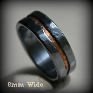 mens wedding band - rustic fine silver and 14k rose gold ring - handmade oxidized artisan designed wedding or engagement band - customized