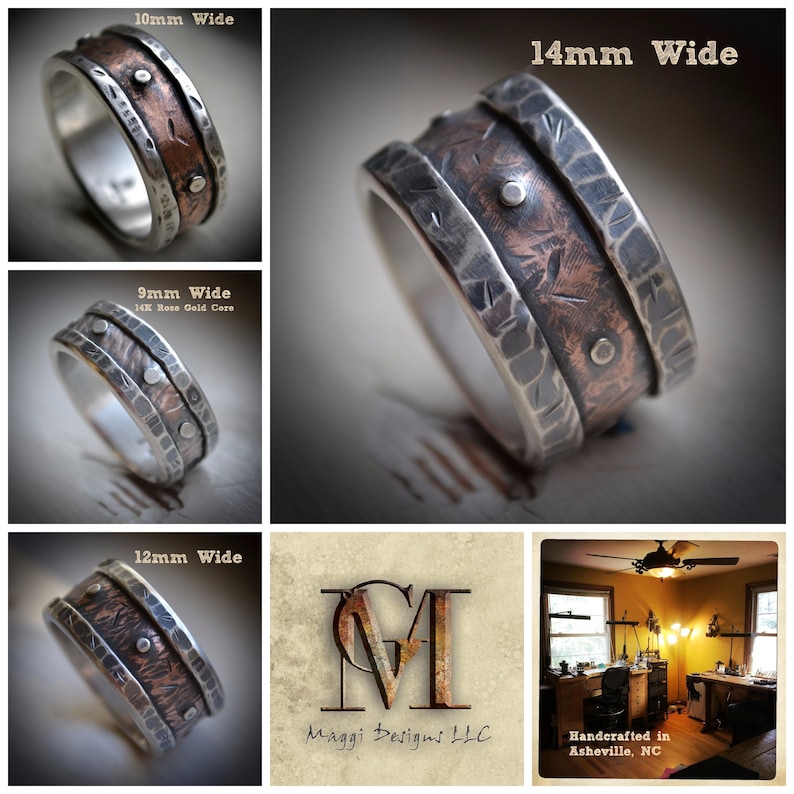 mens rustic wedding ring, rustic fine silver and copper or 14K rose gold ring with silver rivets, oxidized ring, industrial ring, customized image 6