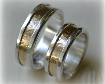 his and hers wedding bands - artisan designed handmade fine silver and 14k yellow gold wedding bands - matching rings - customized