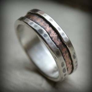 rustic fine silver and copper ring - oxidized ring - hammered ring - artisan designed handmade wedding or engagement band - customized ring