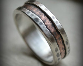 rustic fine silver and copper ring - handmade oxidized band - custom