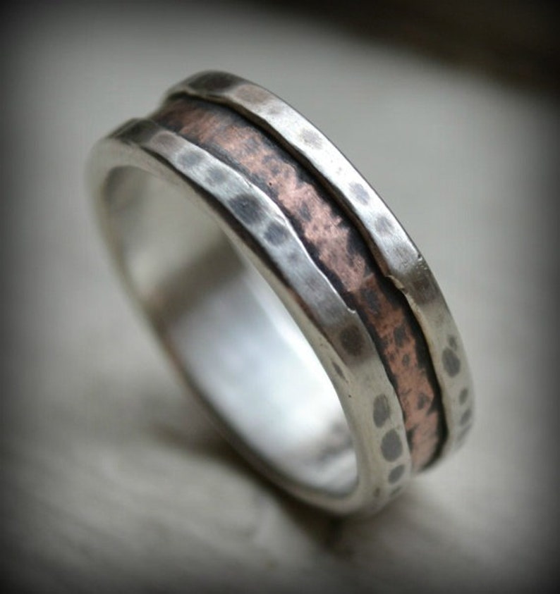 rustic fine silver and copper ring oxidized ring hammered ring artisan designed handmade wedding or engagement band customized ring image 1
