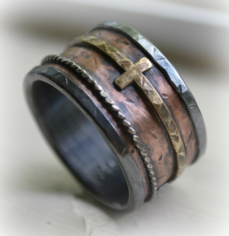 Mens wide band wedding band rustic fine silver and copper