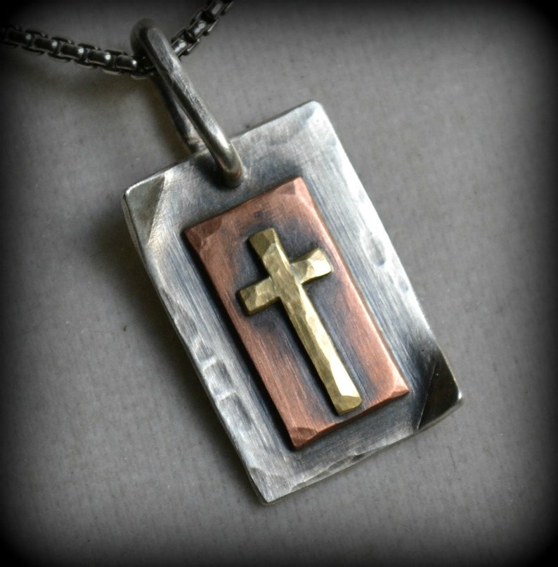 Silver, Copper and Brass Cross Necklace, Handmade Rustic Necklace, custom necklace, oxidized handmade necklace, hammered Rustic Cross, Jesus image 1