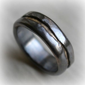 mens wedding band - rustic oxidized fine silver and brass ring - handmade artisan designed - custom