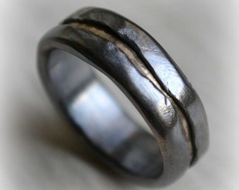 mens wedding band - rustic oxidized fine silver and brass ring - handmade artisan designed - custom