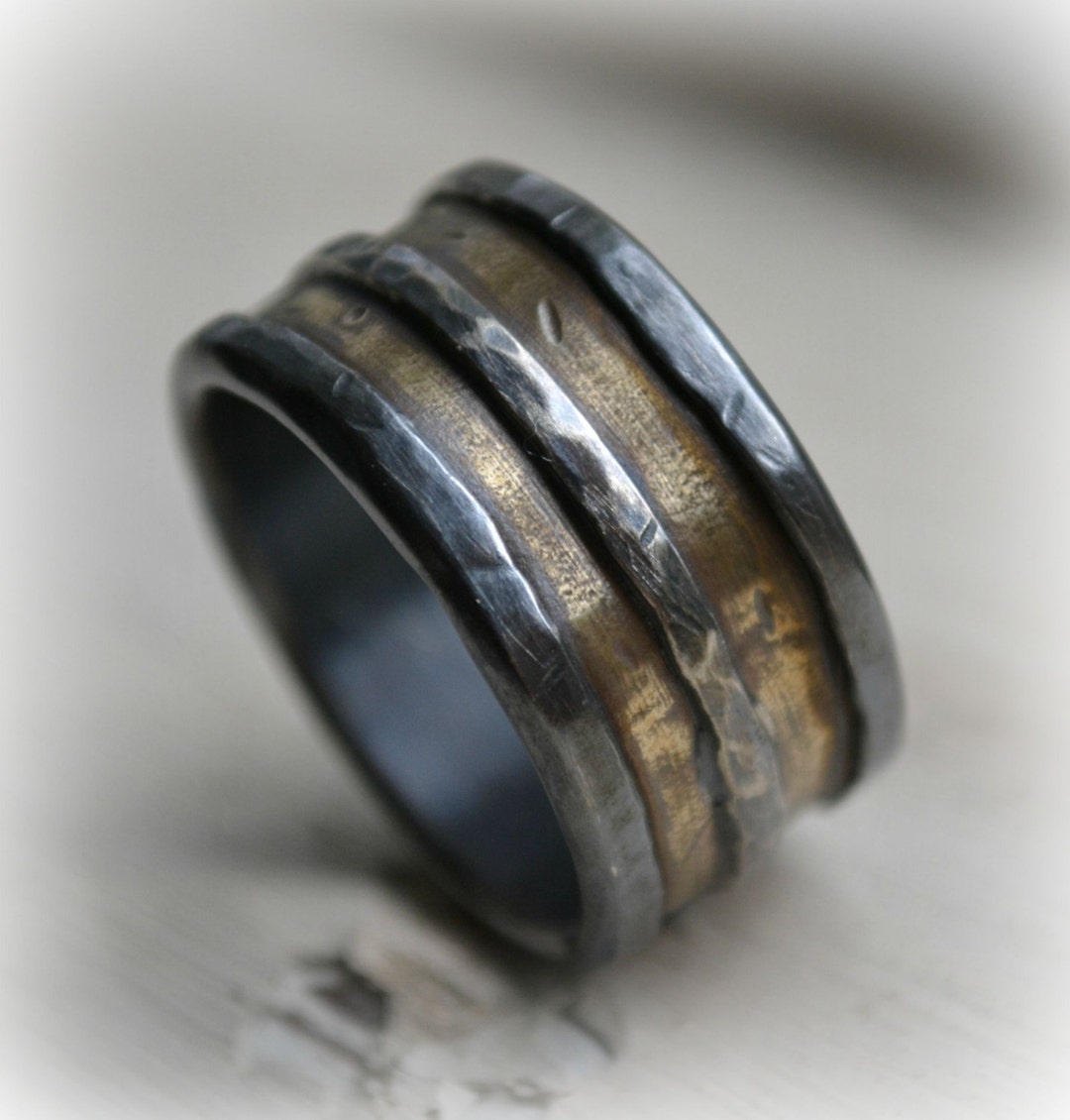 Mens Wedding Band Rustic Silver and 14K Yellow Gold Wedding - Etsy