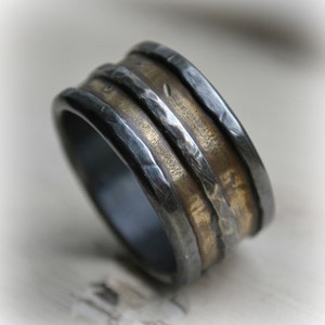 mens wedding band, rustic silver and 14K yellow gold wedding band, handmade artisan designed wide band ring, manly ring, customized ring