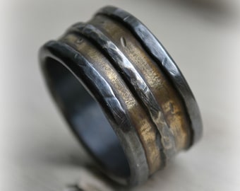 mens wedding band - rustic fine silver, brass and sterling silver or 14K white gold - handmade ring - custom