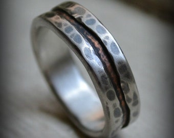 Mens wedding band, rustic fine silver and copper - handmade artisan designed ring, custom
