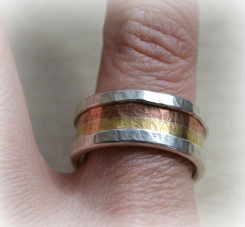 mens retro wedding band Marriage of Metal fine silver, copper and brass or 14K Rose & yellow gold ring handmade ring silver lining image 4