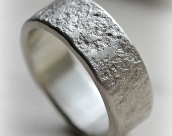Rustic silver ring - matte finish - handmade railroad spike texture artisan designed sterling silver wedding band - custom