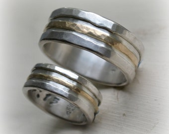 rustic his and hers wedding bands, fine silver, sterling and 14k yellow gold rings - handmade artisan designed wedding bands - customized