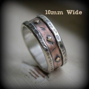 mens wedding band rustic fine silver copper and brass handmade artisan designed wide band ring customized ring custom hand stamping image 4