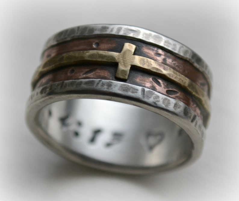 Mens wedding band rustic fine silver copper and brass