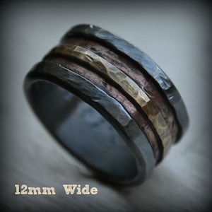 mens wedding band - rustic fine silver copper and brass or 14K gold - handmade artisan designed wide band ring - manly ring - customized