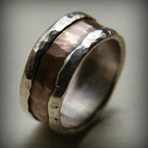 rustic wedding band fine silver and 14K rose gold handmade artisan designed wedding or engagement band oxidized ring customized image 1