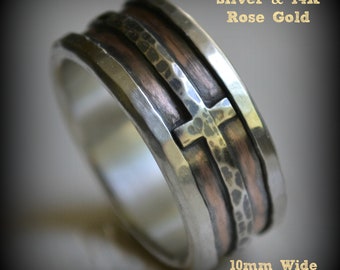mens wedding band - rustic fine silver copper and sterling silver cross - handmade artisan designed wide band ring - manly ring, customized