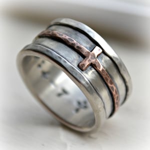 mens cross wedding band, rustic hammered cross ring, oxidized fine silver, sterling, copper or 14K gold ring handmade Christian wedding band