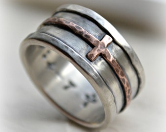 mens cross wedding band, fine silver, sterling, copper or 14K rose gold - handmade Christian ring - custom