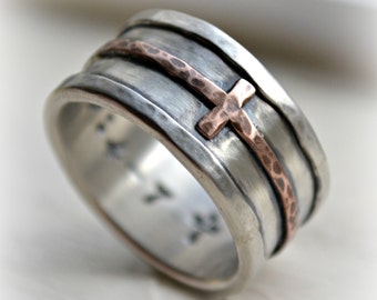 mens wedding band - rustic hammered cross ring, oxidized fine silver, sterling, copper or 14K gold ring, handmade Christian wedding band