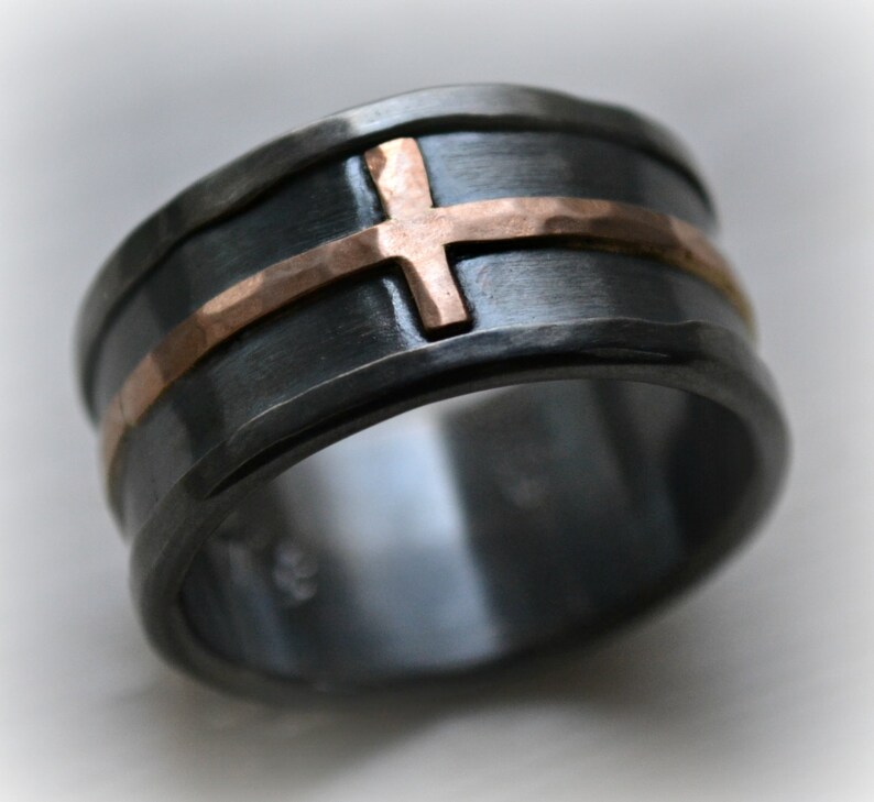 Mens cross wedding band rustic hammered cross ring