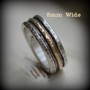 mens wedding band rustic fine silver 14K rose and 14K yellow gold ring handmade artisan designed wide band ring manly ring customize image 5