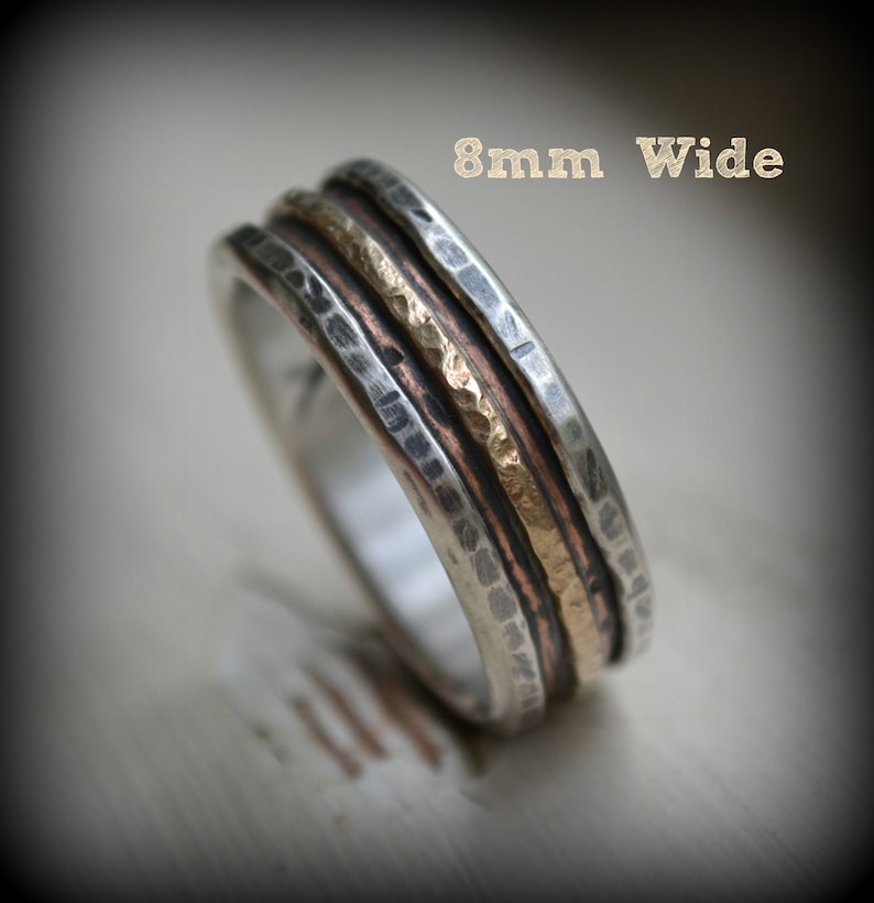 mens wedding band rustic fine silver 14K rose and 14K yellow gold ring handmade artisan designed wide band ring manly ring customize image 5