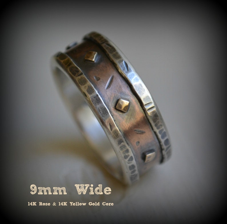 mens wedding band rustic fine silver copper and brass handmade artisan designed wide band ring customized ring custom hand stamping image 3