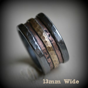 mens wedding band rustic fine silver 14K rose and yellow gold ring handmade artisan designed wide band ring manly ring customized image 7