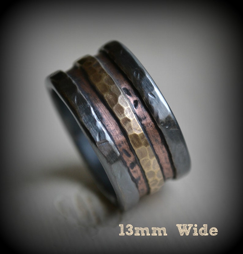 mens wedding band rustic fine silver 14K rose and yellow gold ring handmade artisan designed wide band ring manly ring customized image 7