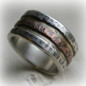 mens wedding band rustic fine silver brass and copper handmade artisan designed wide band ring manly ring industrial ring customized image 1