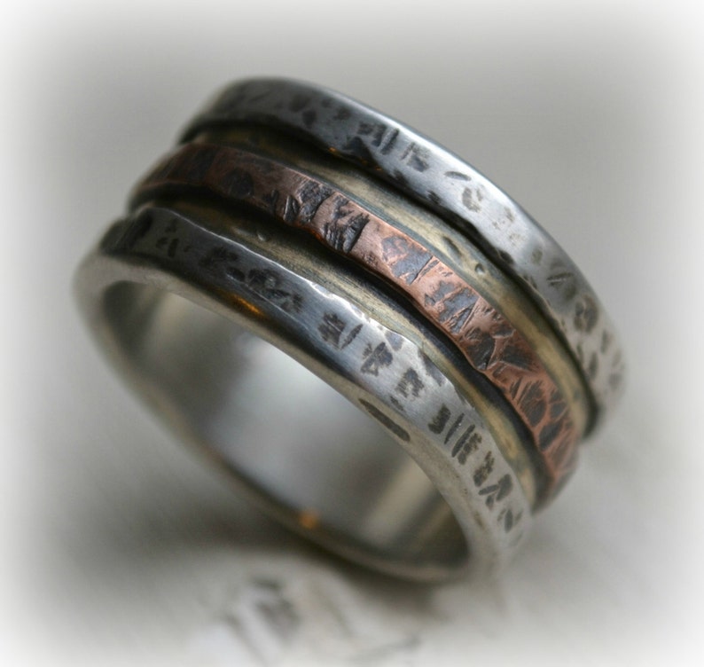 mens wedding band rustic fine silver brass and copper handmade artisan designed wide band ring manly ring industrial ring customized image 1