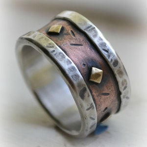 mens wedding band rustic fine silver copper and brass handmade artisan designed wide band ring customized ring custom hand stamping image 1