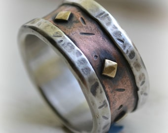mens wedding band - rustic fine silver copper and brass - handmade artisan designed wide band ring - customized ring - custom hand stamping