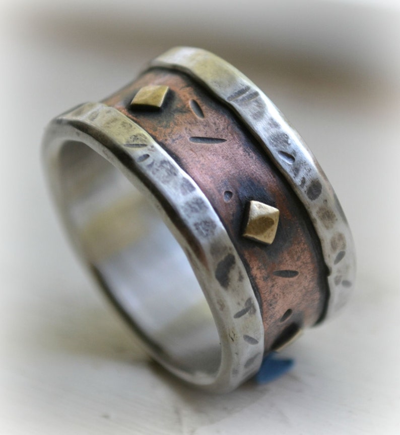 mens wedding band rustic fine silver copper and brass handmade artisan designed wide band ring customized ring custom hand stamping image 1