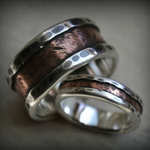 rustic wedding ring set - fine silver and copper - handcrafted and oxidized fine silver and copper wedding bands - customized